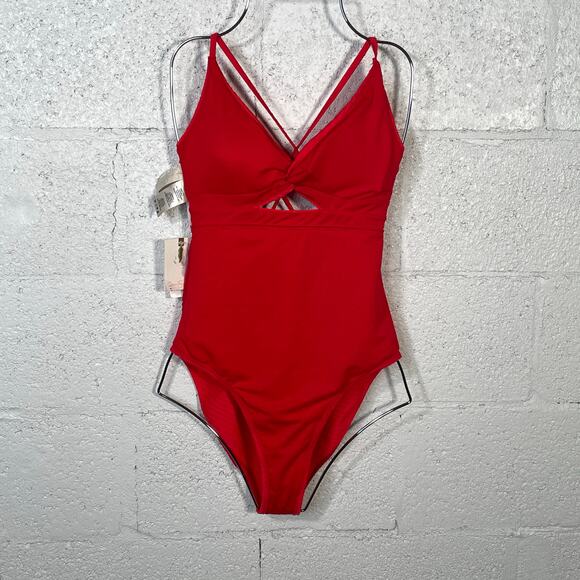 Jessica Simpson Pretty in Pique Twist Front One Piece Swimsuit red Medium - Picture 6 of 10